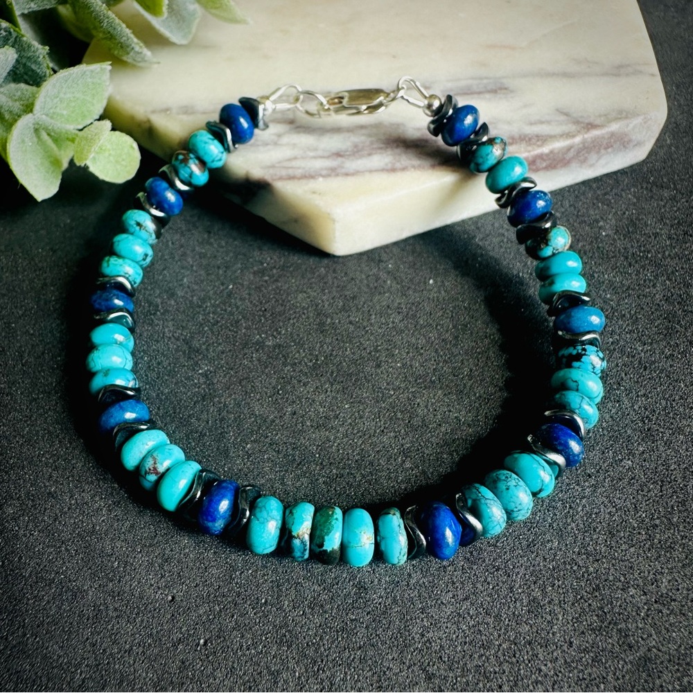Custom order Turquoise and Lapis Lazuli two Bracelets Sterling Silver - Picture 2 of 6